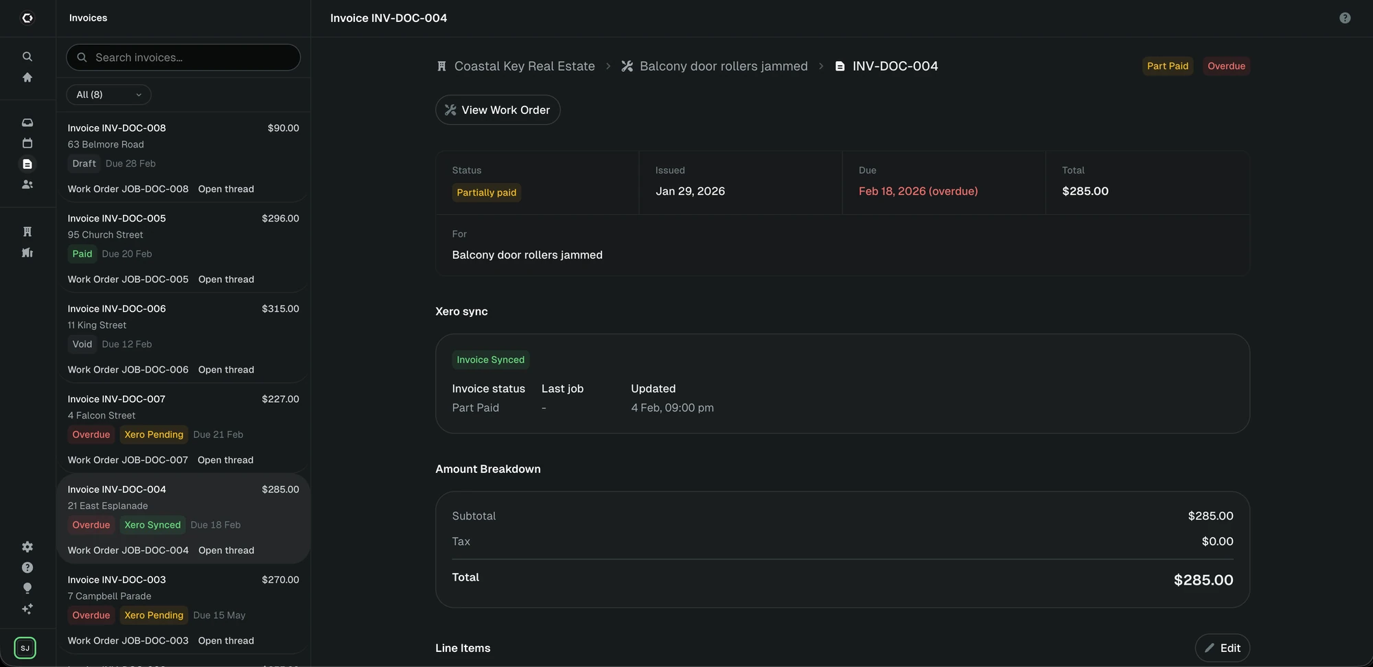 ATOM coordinator dashboard showing an invoice detail view with Xero sync status and amount breakdown
